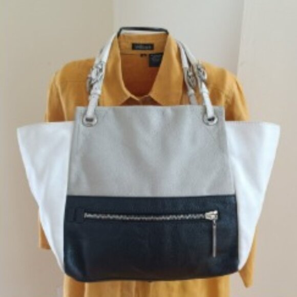 orYANY Leather Handbag size L Folds in to M Double Handle Pockets Gray White Blk - Picture 1 of 17